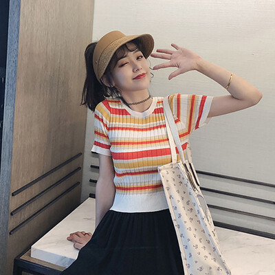 

Womens PulloverStriped Short Sleeve Slim Knitted Top T-Shirt