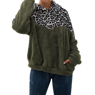 

Fashion Autumn And Winter Women Leopard splice Long Sleeves Hooded Casual Loose Double-faced plush Sweatshirt