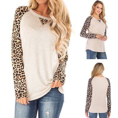 

Starmoon Women Casual Leopard Print Blouse Round Neck Long Sleeve Splice Shirts Loose Top