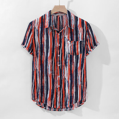 

Toponeto Mens Striped Printed Loose Short Sleeve Causal Breathable Turn Down Collar Shirt