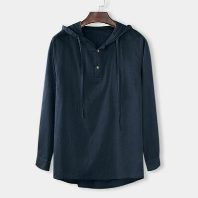 

Mens Casual Hooded T-Shirt Hoodies Long Sleeve Button Shirts Linen Tops Blouses