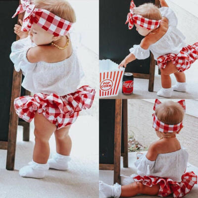 

Summer Newborn Baby Girl 3pcs Off Shoulder Tops Short DressHeadband Outfits