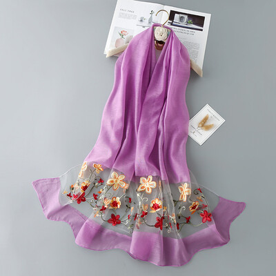 

New solid color oleander hook flower flat embroidered silk scarf four seasons wild sun shawl national wind scarf scarves wholesale