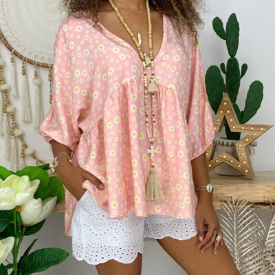 

Womens Summer Floral Print Tops V Neck 43 Sleeve Casual Shirts Plus Size Blouse