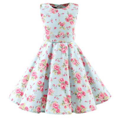 

Kids Teen Children Girls 1950s Retro Sleeveless Floral Print Bow Princess Dress