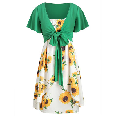 

Knotted Top&Sunflower Overlap Dress Set