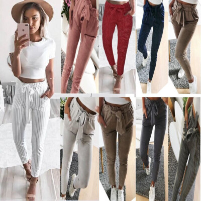 

Womens High Waist Casual Drawstring Elastic Long Pants Ladies Pencil Trousers