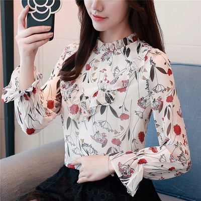 

2018 New Floral Printing Chiffon Women Blouse Long Flare Sleeve Standing collar Casual OL shirts Tops