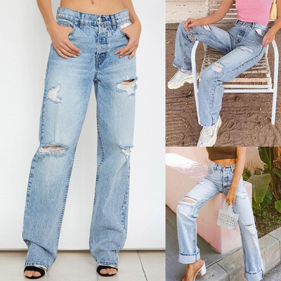 

〖Follure〗Fashion Womens Button Ripped Zipper Pocket Trousers Jeans Casual Denim Pants
