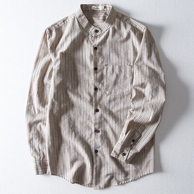 

Toponeto Mens Casual Ethnic Style Cotton Linen Stripe Long Sleeve Shirt Blouse Tops