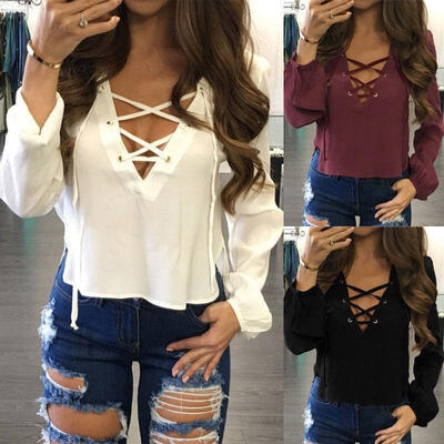 

Fashion Women Ladies Long Sleeve Loose Blouse Summer V Neck Casual Shirt Tops