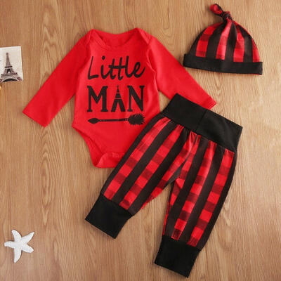 

3PCS Set Newborn Infant Toddler Baby Boy Tops Romper Long Pants Hat Outfits Clothes Red