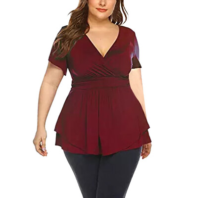 

Nomeni Womens Plus Size V Neck Wrap Front Drape Summer Tops Pleated Waist Shirt Blouse