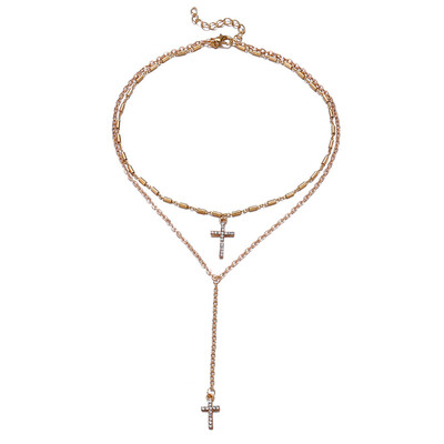 

Fashion Gold Color Crystal Cross Necklaces Pendants Boho Double Layered Necklace Catholic Religious Christian Statement Jewelry