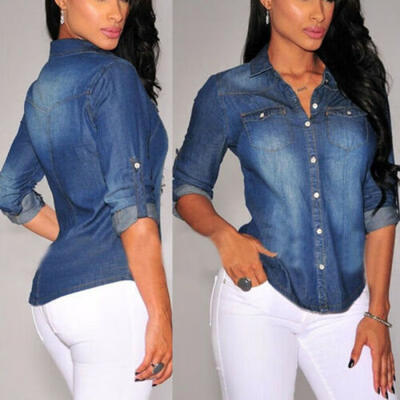 

Womens Casual Button Down Long Sleeve Ladies Soft Denim Shirt Jeans Tops Blouses