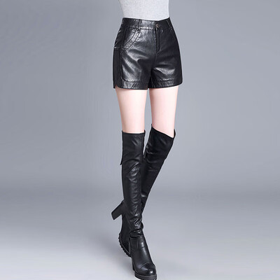 

Her pool womens 2018 autumn&winter new short paragraph leather pants leggings high waist large size outside wearing ladies pants T83H1948A10XL black