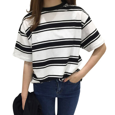 

Women Round Collar Summer Stripes Print Loose Short Sleeve Casual Simple Wild T-Shirt