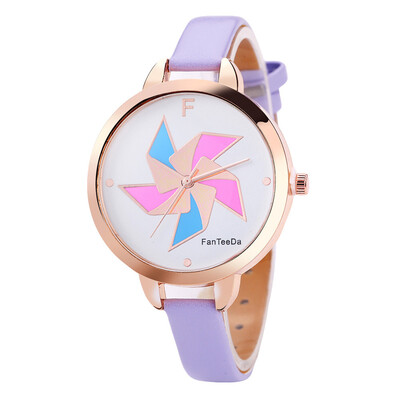 

FanTeeDa Womens Watches Childhood Windmill Pattern Dial Ladies Casual Quartz Wristwatch Leather Strap Clock Gift Reloj Mujer
