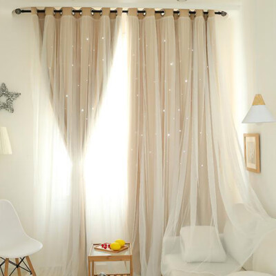 

2 Layers Shading Voile Curtain Window Panel Romantic Stars Hollow Decor 4 Colors