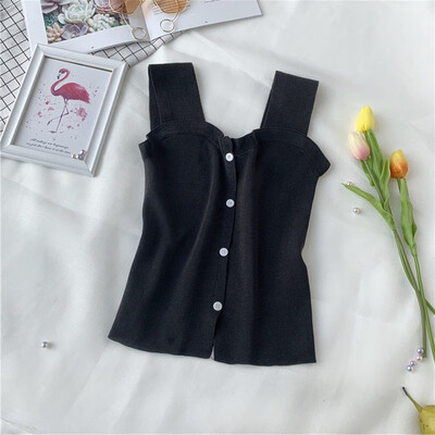 

Womens Sexy Solid Sleeveless Buttons Knitted Ruffles Crop Tank Top