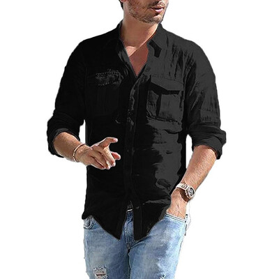 

Toponeto Mens Baggy Cotton Linen Pocket Solid Long Sleeve Retro T Shirts Tops Blouse