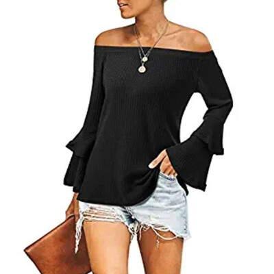 

Tailored Women Autumn Knitted Flare Sleeve Off Shoulder Shirt Temperament Blouse Tops