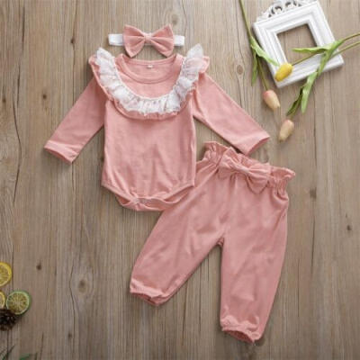 

Newborn Infant Baby Girl Floral Outfit Clothes Romper TopsPantsHeadband Set