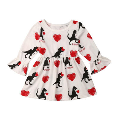 

Girls Dinosaur Heart Print Dress Valentine Day Flare Sleeve Princess Dress