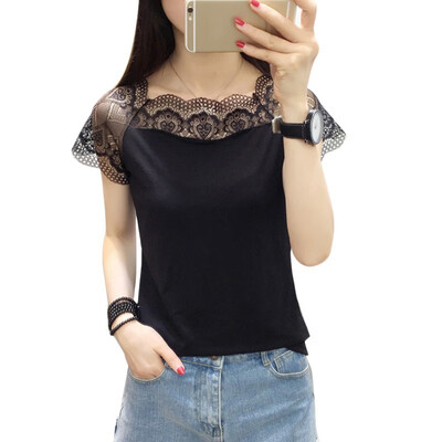 

Women T Shirt Lace Stitching Short Sleeve T-Shirt Femme Summer Slash Neck Casual Tops Korean Female Tee Shirt