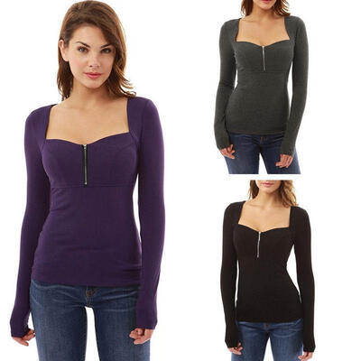 

Fashion Women Slim Long Sleeve Tops Blouse Shirt Casual Cotton T-Shirt Zipper