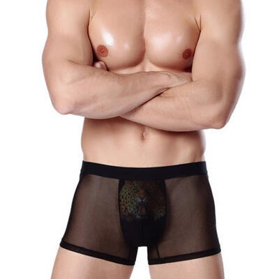 

Men Sexy Underwear Ice Silk Soft Printing Mesh Breathable Middle-waist Ultra-thin Tiger Boxers