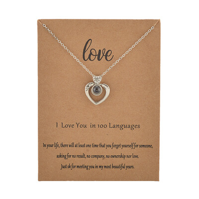 

With Card Crystal 2 Heart 100 Language I love You Necklace For Women Wedding Letter Necklace Jewelry Drop Shipping
