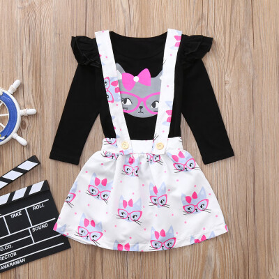 

Toddler Infant Baby Girls Cartoon Ruched Tops Strap Dot Print Skirt Outfits Set