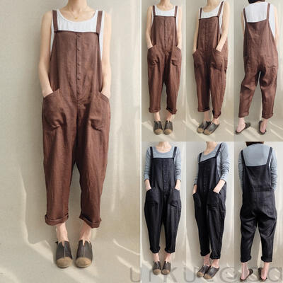 

Womens Casual Loose Pants Cotton Linen Jumpsuit Strap Harem Trousers Overalls Plus Size -3XL