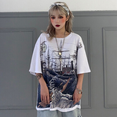 

Half Sleeve T-shirt Simple Casual Cartoon Print Top Trend Womens Plus Size Tee O-Neck Long Length