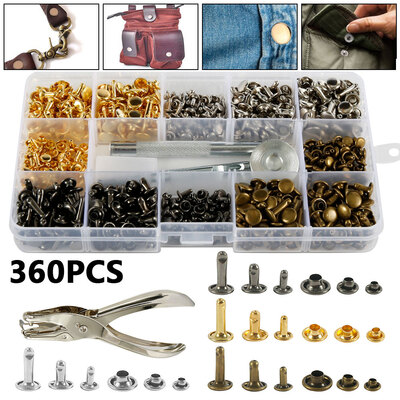 

360Pcs Leather Rivets Double Cap Rivet Tubular Metal Studs 2 Sizes with Punch Pliers Tool Kit