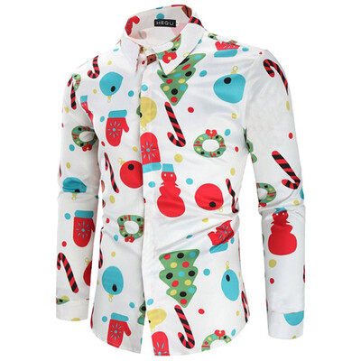 

2019 New Arrival Hot Sale Casual Christmas Santa Christmas Tree 3D Print Shirt Long Sleeve Stand Collar Slim Fit Shirt Plus Size