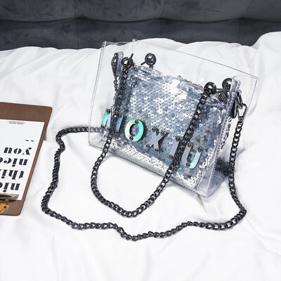 

Ins super-fire-light transparent bag womens new style 2019 Korean-style beach jelly-bag chain-lined bag