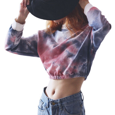 

Women 2019 New Hot Sale Europe And America Dyed Print Shirts Navel Gradient Rainbow Color Long-sleeved Short Clothes