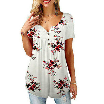 

Womens Summer Floral V Neck Blouses Loose Baggy Tops Tunic T Shirts Plus Size