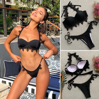 

Roseonmyhand Women Two Piece Swimsuit Solid Lace Strappy Bikini Set Beachwear