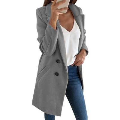 

Women Autumn Winter Casual Double Breasted Top Coat Solid Color Lapel Long Button Wool Outwear Fashion