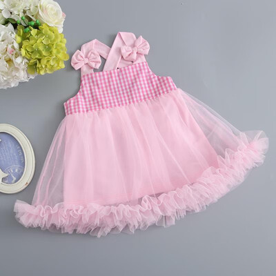 

Children Summer Girls Lace dressPlaid Print Cute Mesh Stitching Sleeveless Sweet Princess Dress For 3-24 Months