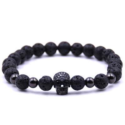 

8 mm Natural Stone Volcanic Stone Bracelet Copper Beads Micro Inlay Zircon Skull Bracelet Unisex Pair Jewellery Hot Gift