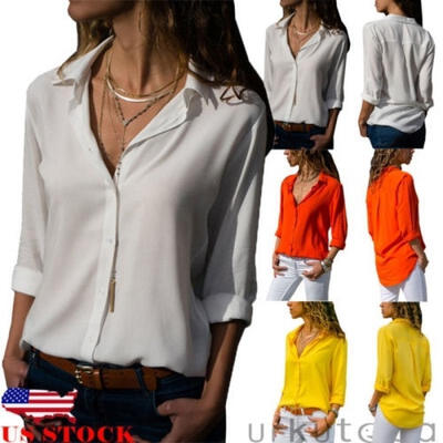 

US Fashion Women&39s Lapel Long Sleeve Chiffon Button Down Shirt Loose Blouse Tops