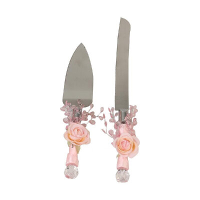 

Stainless Steel Wedding Cake Knife & Server Set Crystal Handle Cake Cutter with Artificial Flower for Wedding Anniversary Birthday