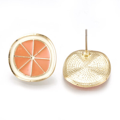 

Alloy Enamel Stud Earrings Lemon Slice Light Gold Coral 17x17mm Pin 07mm