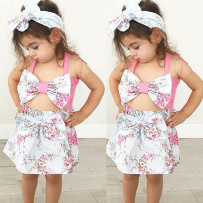 

3pcs Toddler Girls Clothes Bow Halter Crop TopsFlowers Skirts Outfits Sunudress