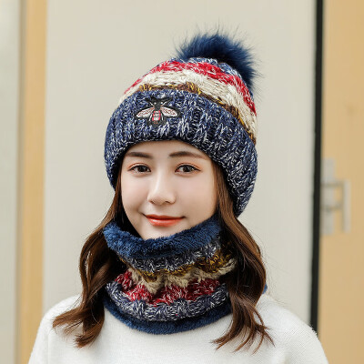 

Hat lady autumn&winter wool shield ear warm knitted hat small bee hair ball cover head hat neck two-piece set