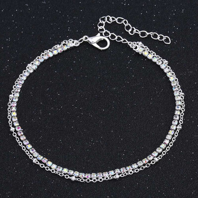 

Summer Trendy Anklets Silver Color Double Chain Crystal Barefoot Jewelry